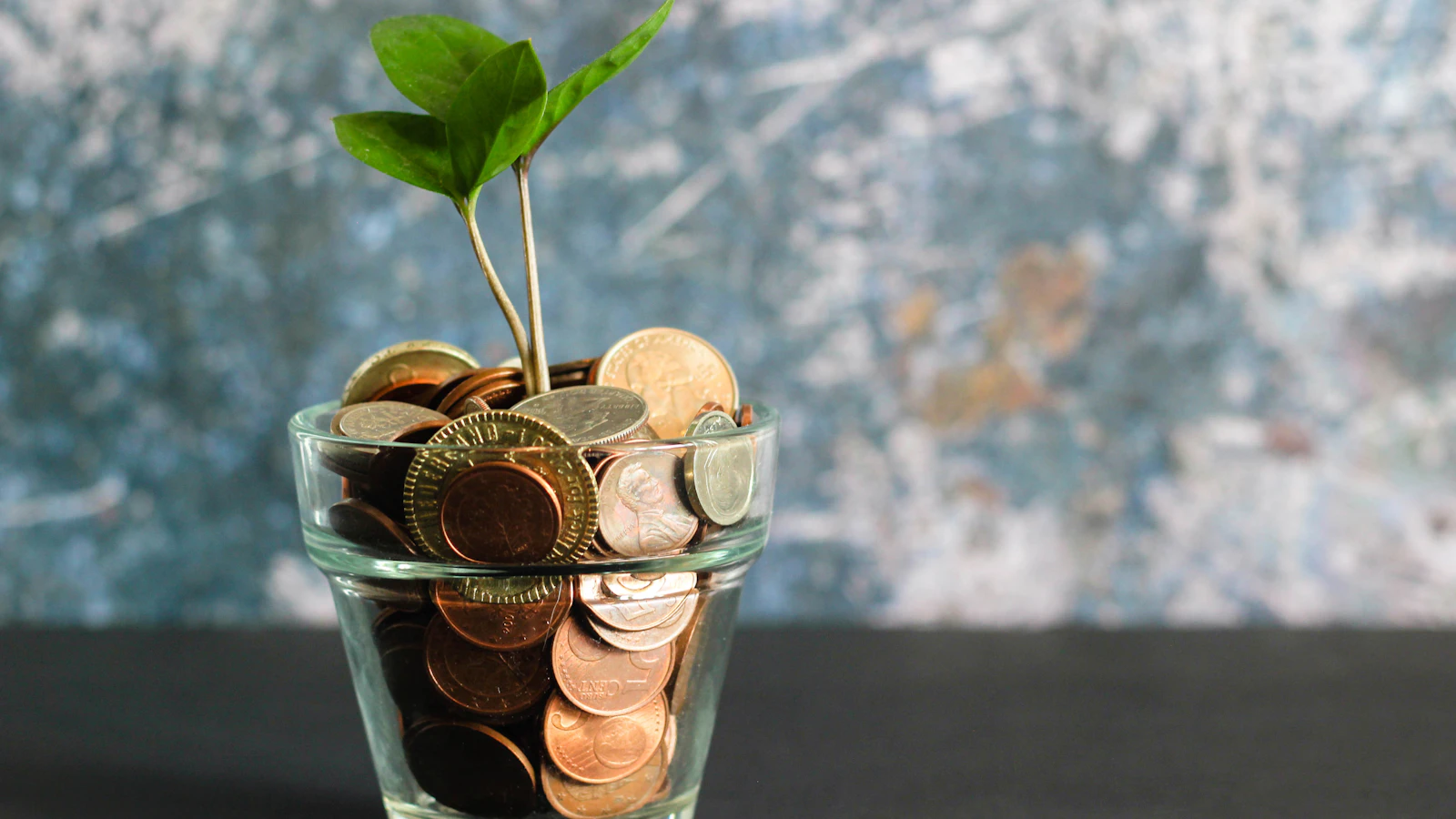 Coins and a small plant in a glass jar, representing money saved and grown over time